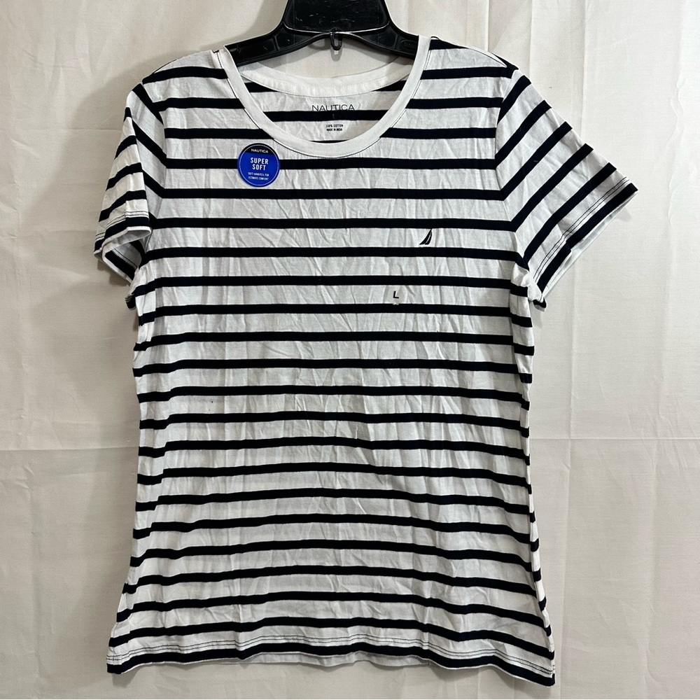 Nautica Womens Round Neck Short Sleeve Cotton Navy Seas T-Shirt Large